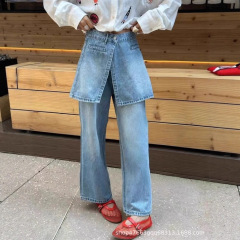 韩系假两件拼接屁帘做旧牛仔裤女2025春夏季新款高腰显瘦直筒裤子