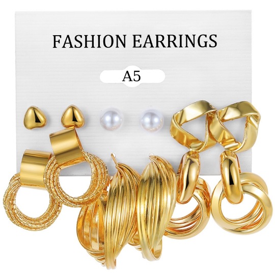 欧美跨境新款珍珠女士耳环 复古金色耳圈套装6件套Earrings Set 欧美跨境新款珍珠女士耳环 复古金色耳圈套装6件套Earrings Set
