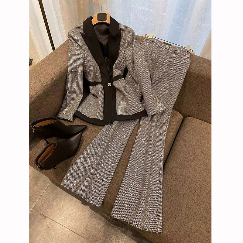 2026 Spring and Autumn Elegant Slim Fit Heavy Sequin Professional Plaid Color Block Suit High Waist Flared Pants Set