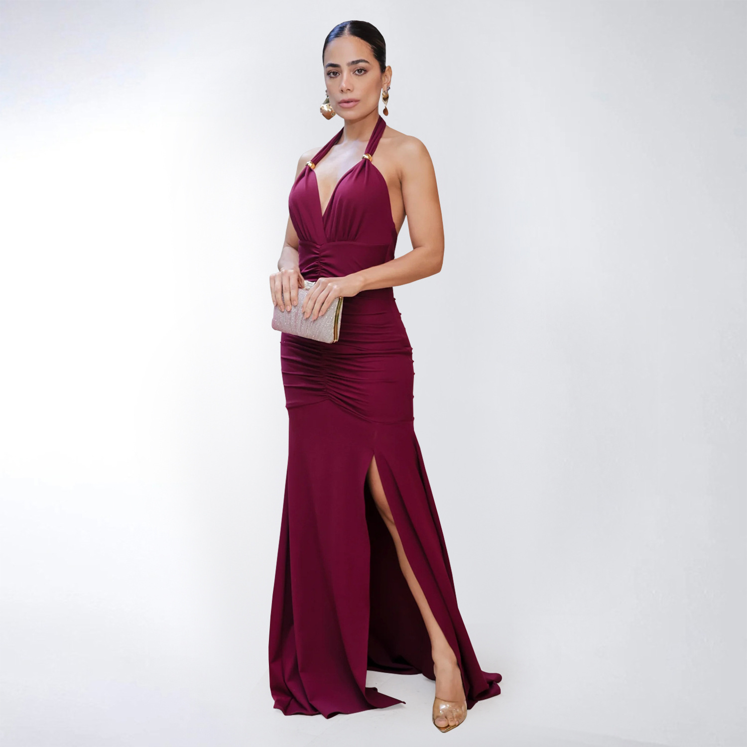 C7552 Aliexpress transfronterizo amazon Europa y América moda mujer elegante color sólido sexy V-collar vestido bifurcado
