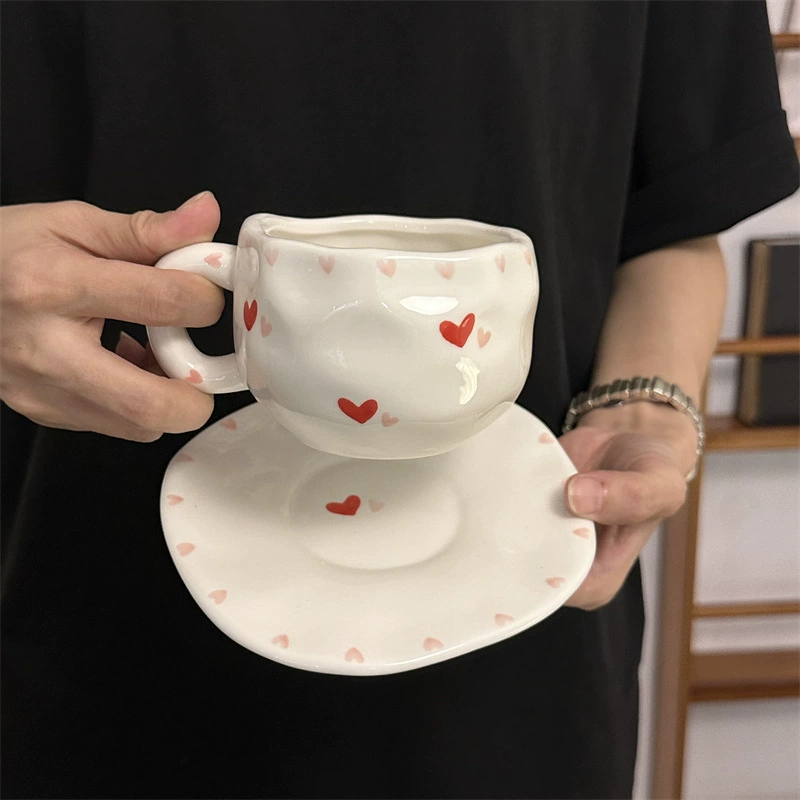 Ceramic coffee cup set INS Japanese retro, hand-painted irregular saucer, vintage style