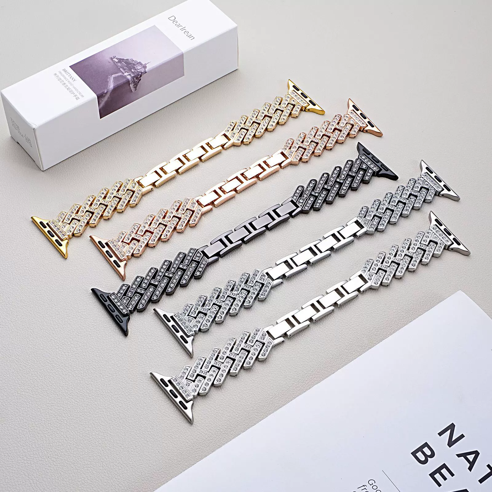 适用apple watch s11苹果表带H链斜纹镶钻金属女款s10表带14mm