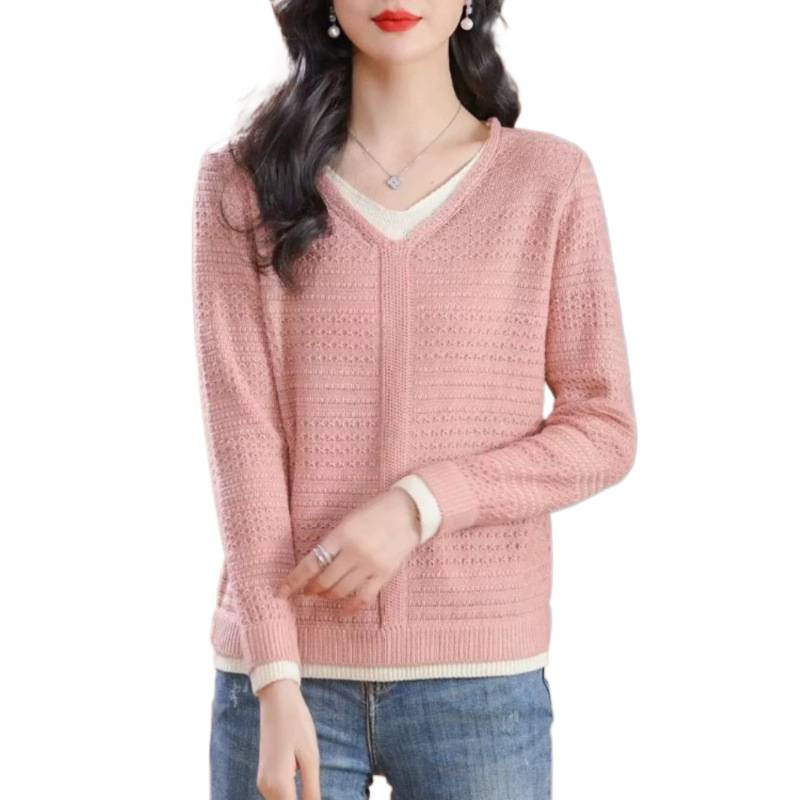 Suéter de pluma falso de dos piezas hermosa camisa de otoño 2025 nuevo cuello en v camisa de punto de fondo suéter delgado de estilo occidental para mujeres