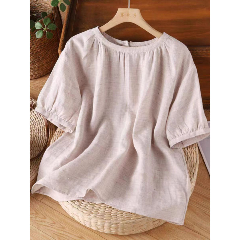 French Gentle Style Pink Casual Simple Ramie Shirt Women's Summer Light and High-End Versatile Short-Sleeved Top Trendy French Gentle Style Pink Casual Simple Ramie Shirt Women's Summer Light and High-End Versatile Short-Sleeved Top Trendy