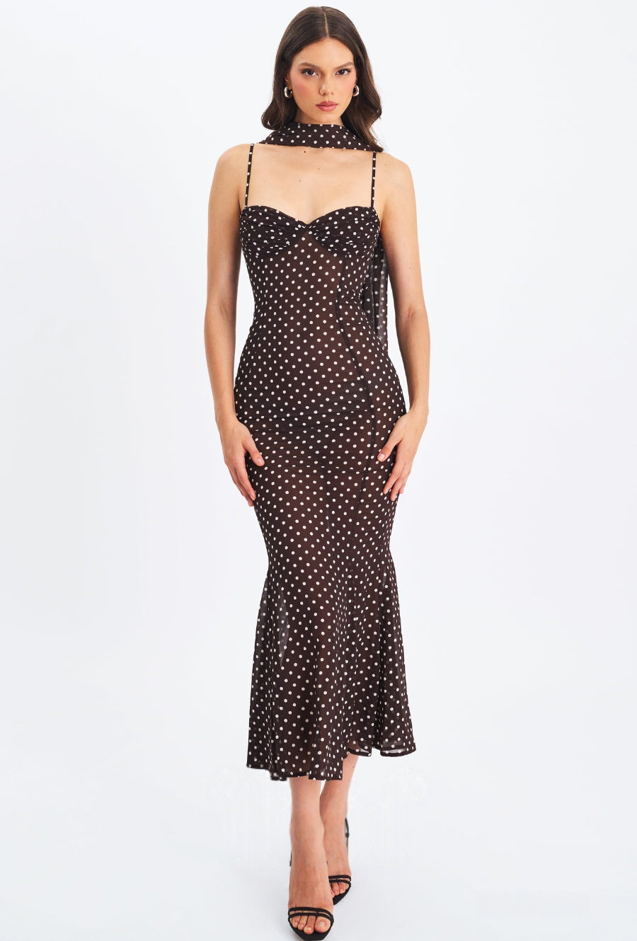 Women Elegant Spaghetti Strap Polka Dot Print Backless Dress Stylish Scarf Decor Slimming Party Vacation Dress_ecoleips.com