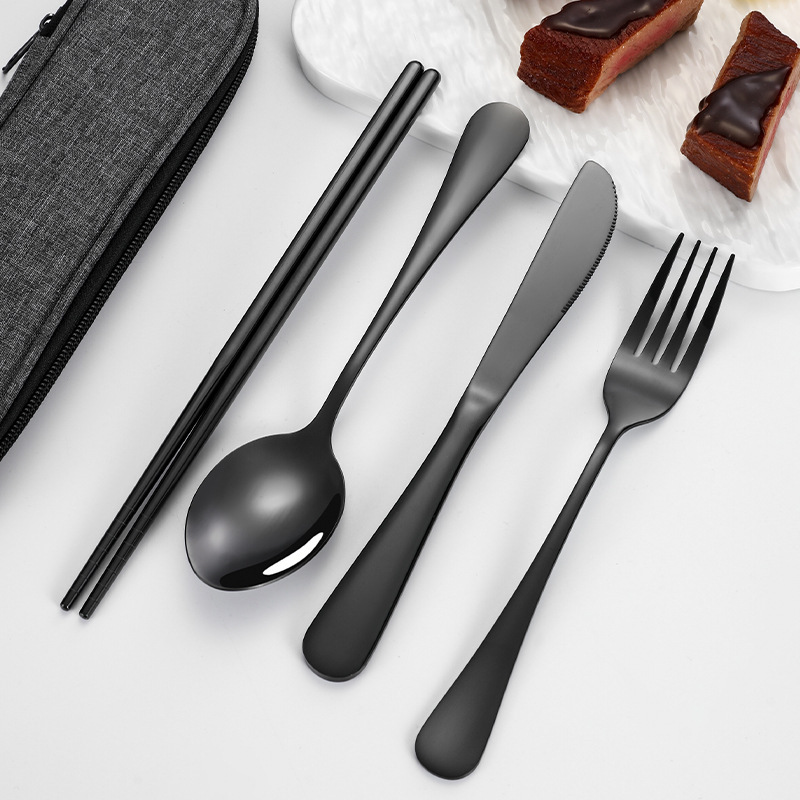 アマゾンクロスボーダーステンレスナイフフォークスプーン黒食器4点セットアウトドア旅行ナイフフォークポータブル収納袋|undefined