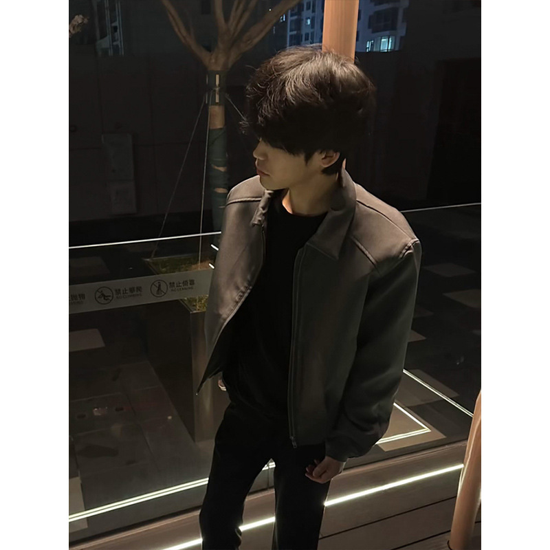 cleanfit灰色垫肩外套男春秋高级感痞帅短款美式复古翻领行政夹克|undefined