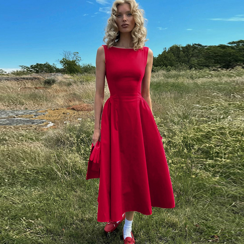391g Weight Wholesale Women's Streetwear Backless Solid Color Holiday Travel Round Neck Sleeveless Sheath Dress