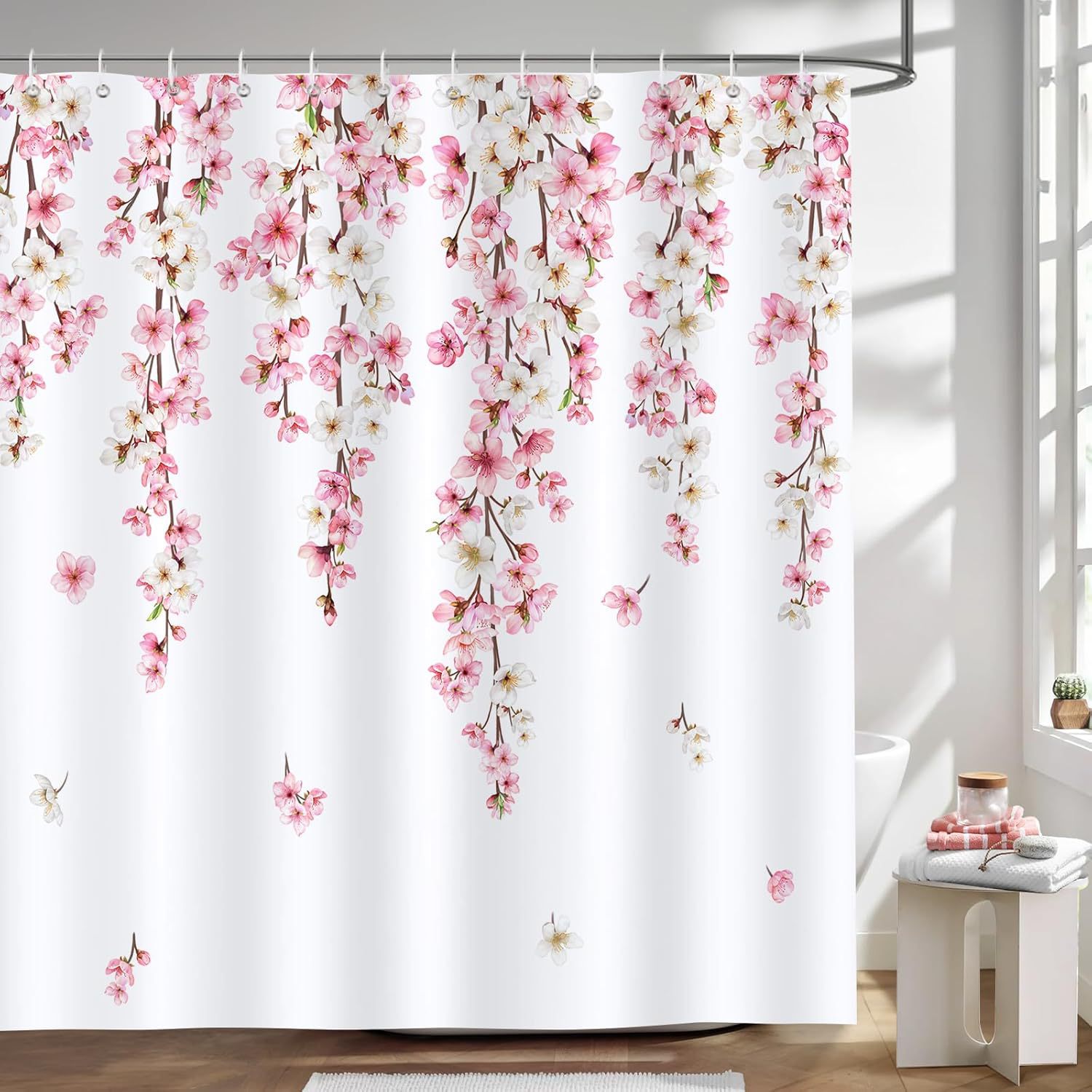 Suministro transfronterizo de cortinas de ducha con diseño de flor de cerezo rosa, cortinas de baño japonesas con diseño floral de primavera, textiles de baño de tela de poliéster