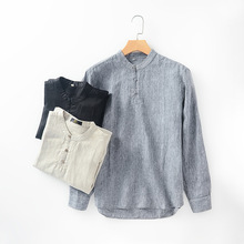 休闲亚麻男装宽松透气长袖T恤简约立领麻上衣B015潮男简约百搭