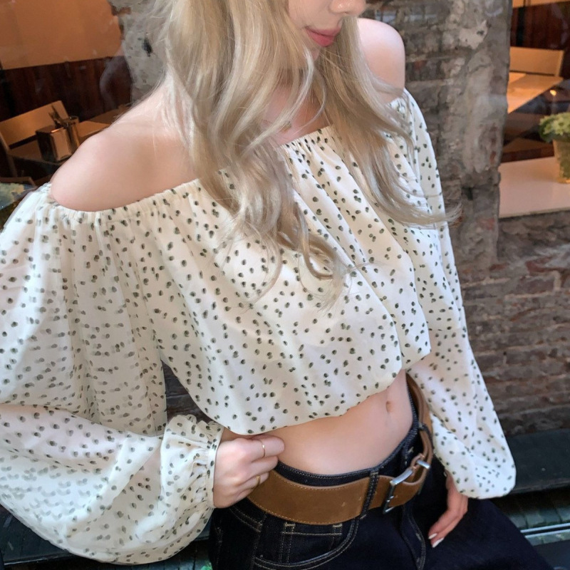 French-Style Pure Desire Apricot-Colored Polka Dot Off-Shoulder Shirt for Women, 2026 Summer Short Lantern Sleeve Sun Protection Blouse French-Style Pure Desire Apricot-Colored Polka Dot Off-Shoulder Shirt for Women, 2026 Summer Short Lantern Sleeve Sun Protection Blouse