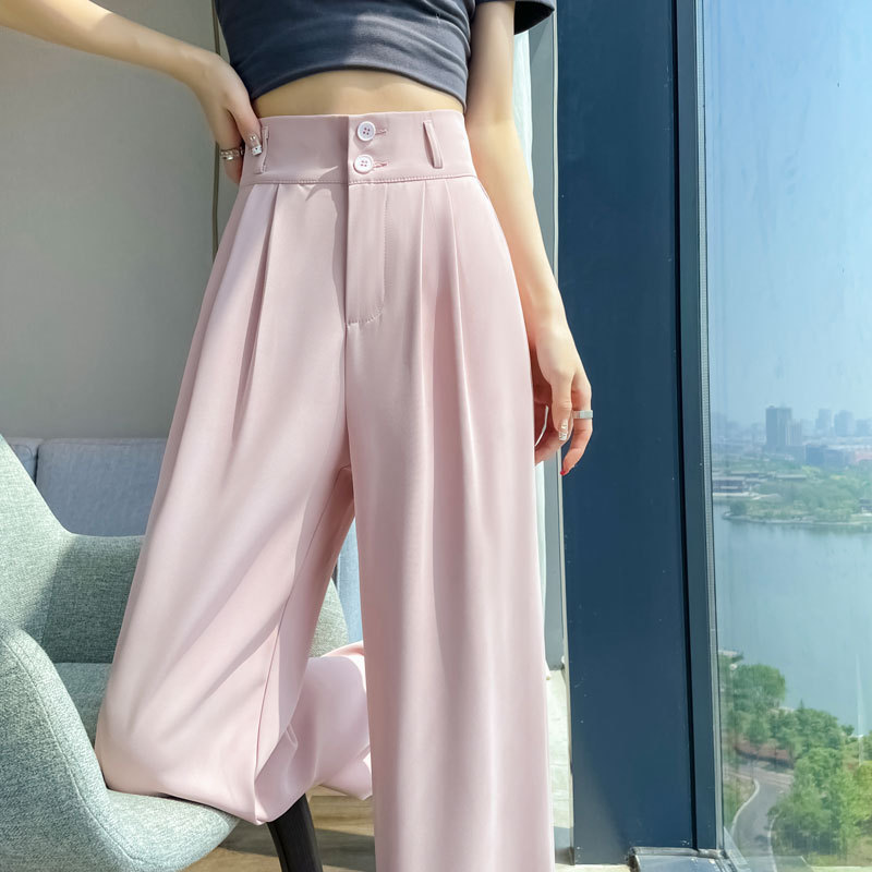 Real Pop Pink Double Buckle Pants Wide Leg Pants Spring and Summer New High Waist Straight Trousers Casual Small