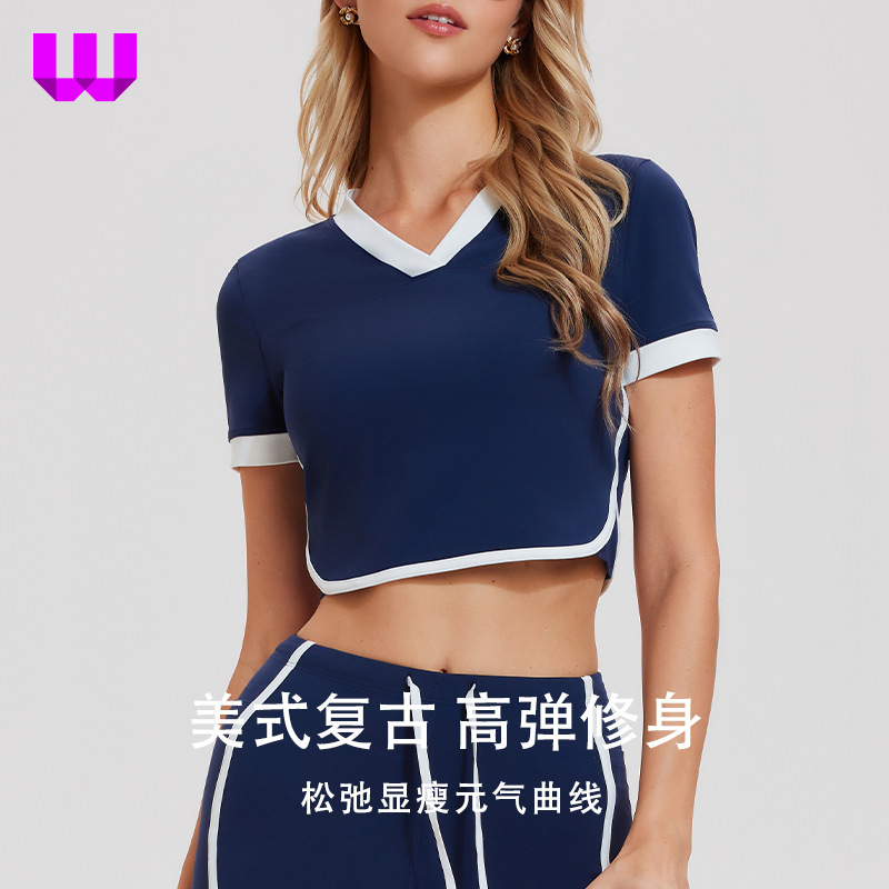 American-Style Sweet and Spicy Short T-Shirt for Women, Retro V-Neck, Color-Blocking, Pure Desire Short-Sleeve Sports Outerwear, Gym Yoga Top