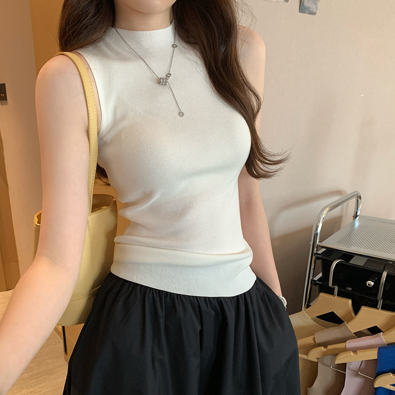 Foreign Trade Spot Korean Style Lazy Half Turtleneck Sleeveless Knitwear for Women 2025 Summer New Style Beautiful Inner Vest