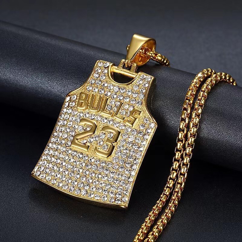 European and American cross-border creative popular pendant necklace hip hop titanium steel gold-plated full diamond personality Jordan No. 23 Jersey pendant