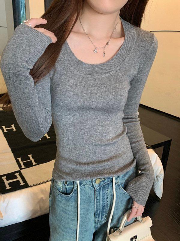 法式气质U领长袖针织衫女秋季修身显瘦内搭打底衫百搭ins套头上衣|undefined