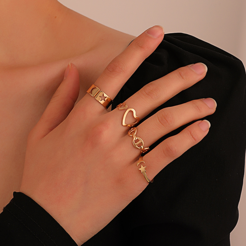 fashion hollow heart geometric ring set simple plain circle open butterfly ring