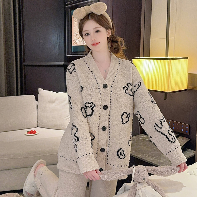 加厚半边绒睡衣女秋冬开衫V领轻奢高级感可外穿甜美软绵绵家居服|undefined