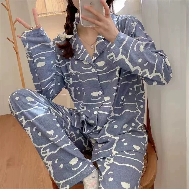 Long‑sleeve pajama cardigan, women’s cartoon print loungewear, relaxed fit, sizes M–XXL