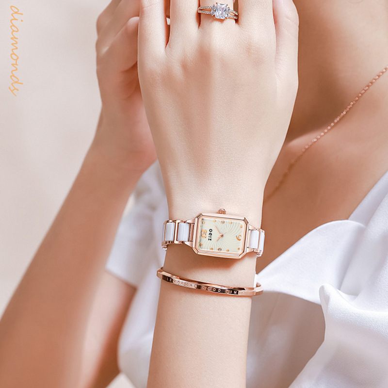 Zhidao Ceramic Small Square Popular On Fashion Live Streams, Elegant, Light Luxury, Simple Steel Strap Quartz_voghion.com