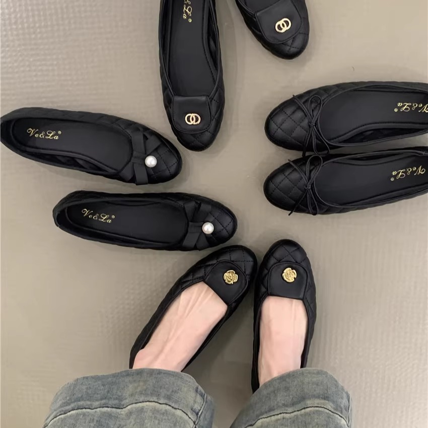 Flat Small Chanel Style Black Ballet Shoes 2025 New Korean Style Elegant Round Toe Shallow Mouth Soft Bottom Milk Shoes