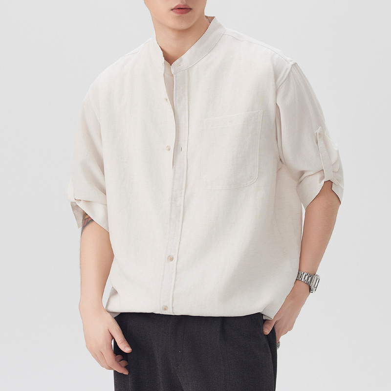 Trendy Solid Color Simple Versatile Stand Collar Short-Sleeve Shirt for Men, New Summer Style, Loose Casual Breathable Five-Quarter Sleeve Shirt
