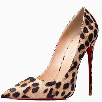 红底绒面豹纹高跟鞋女胖脚宽细跟尖头单鞋性感浅口白搭女鞋44增高