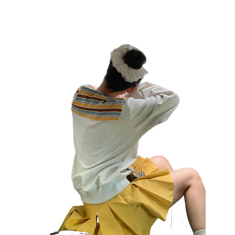韩系慵懒风2025秋季新款设计感V领条纹披肩假两件卫衣女长袖上衣|undefined