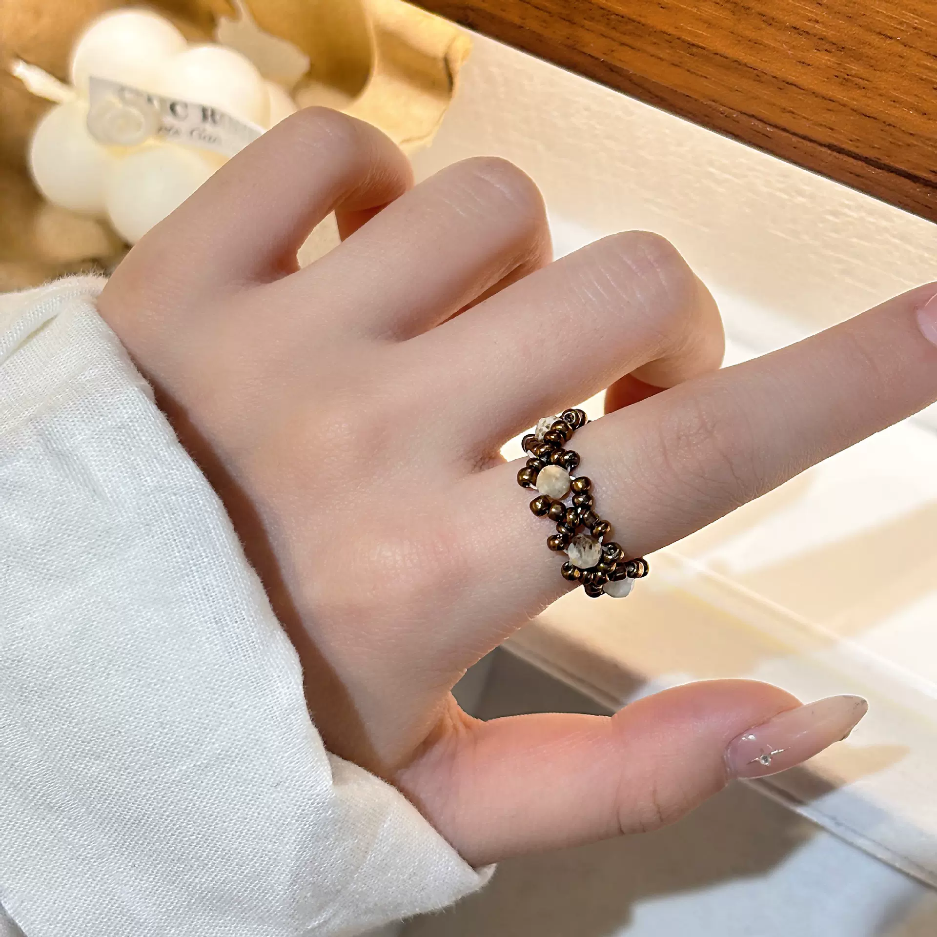 复古感  手作焦糖棕色  弹力绳编织米珠戒指  小众个性配饰米珠