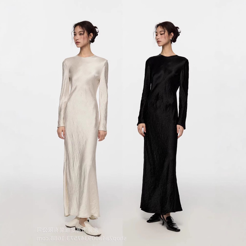 High-End 100% Acetate Spring and Autumn French-Style Elegant and Fashionable Satin Pleated Long-Sleeve Dress for Women