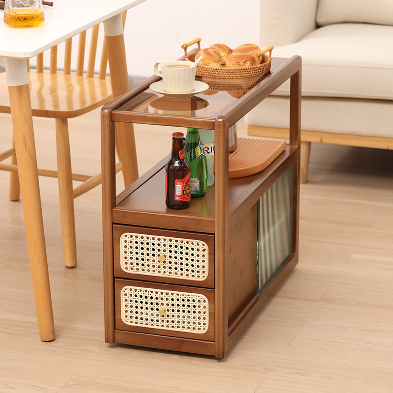 Vidrio de estilo japonés mesa lateral móvil sofá de ratán lado del gabinete del lado del Gabinete sala de estar nogal pequeña mesa de café Mesa de la esquina nuevo