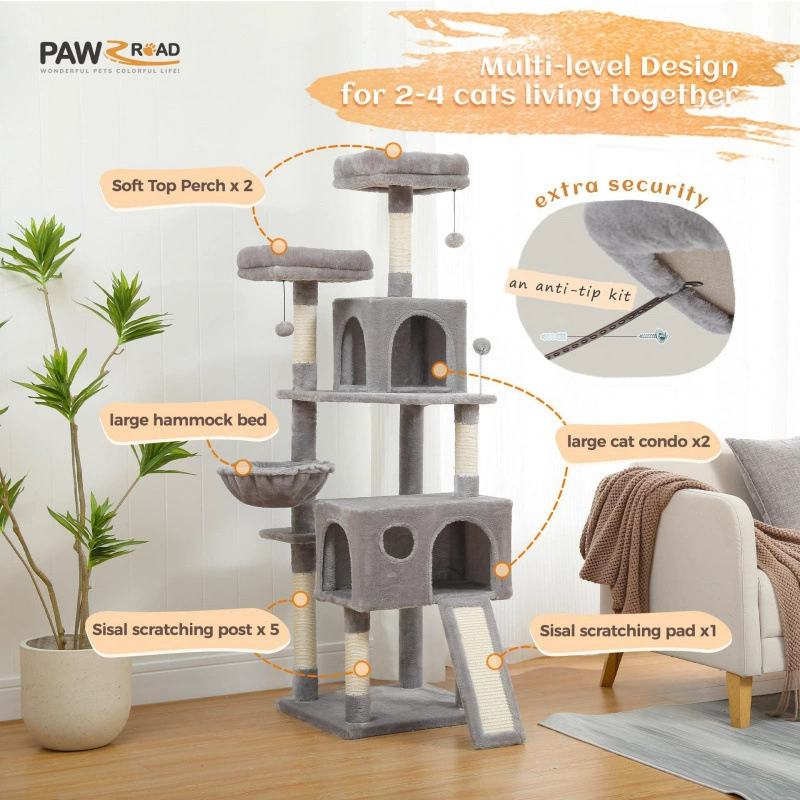 Multi‑level cat tree, plush cozy condo with scratching posts and hanging toys, multiple color codes