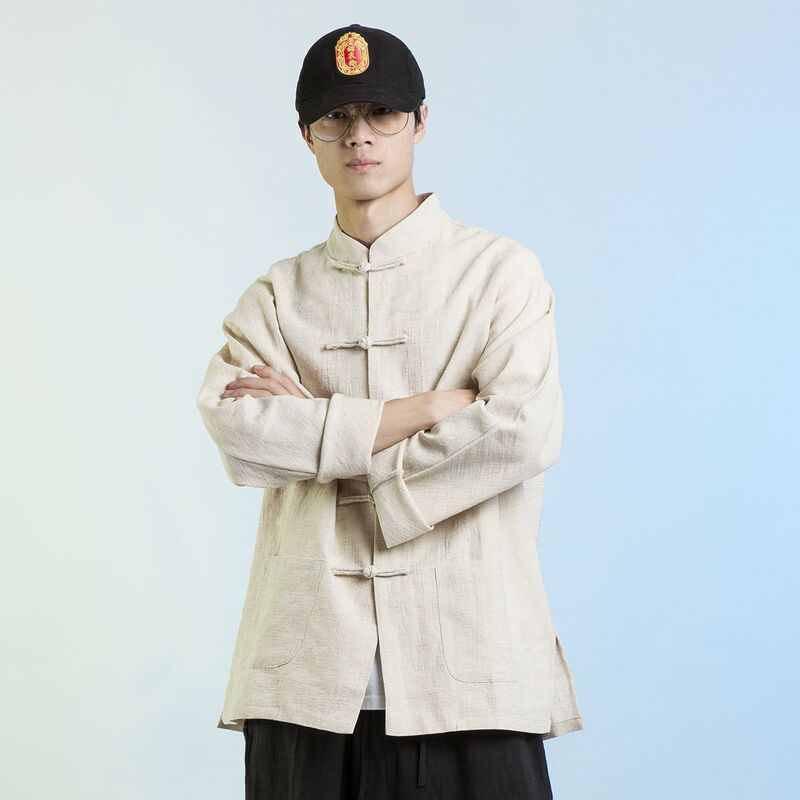 Chinese-Style Retro Distressed Cotton-Linen Stand-Collar Loose Long-Sleeve Shirt with Chinese-Style Men's Button-Down Tang Suit in Large Size