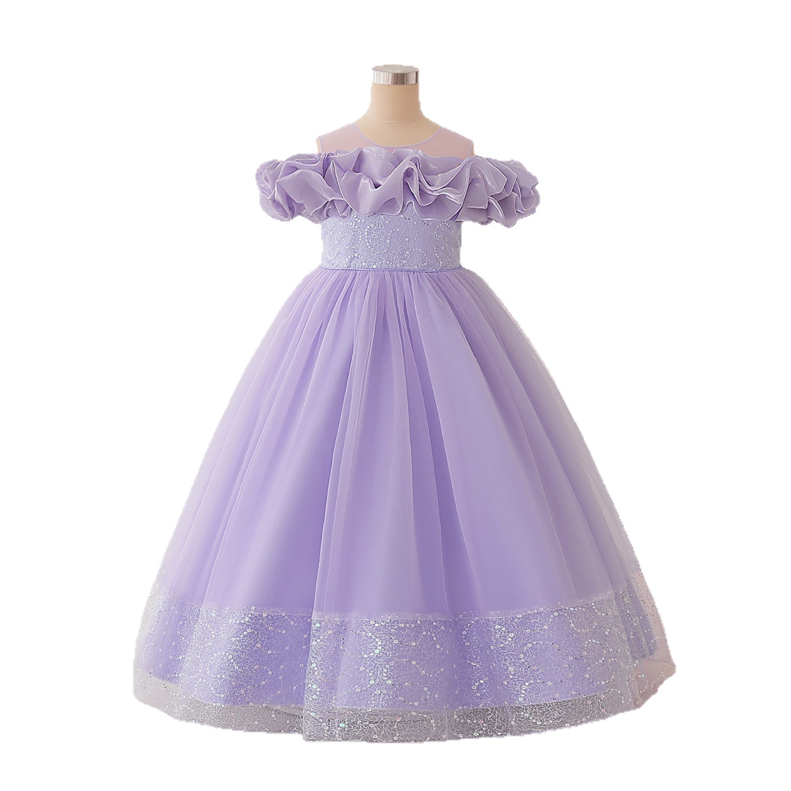 Ventas transfronterizas de vestidos de chicas grandes vestidos de ropa infantil de hombro de malla de tela larga vestida de princesa de lentejas