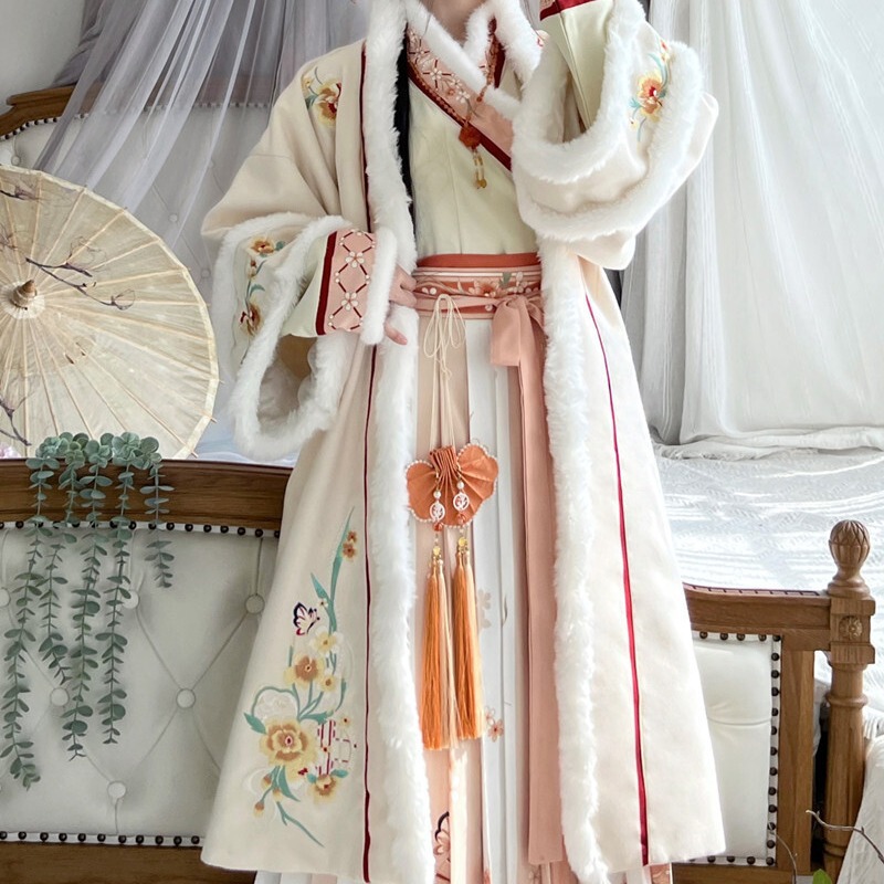 2023 new winter style song Hanfu women's placket long jacket cross collar pleated skirt daily fleece-lined Hanfu suit women