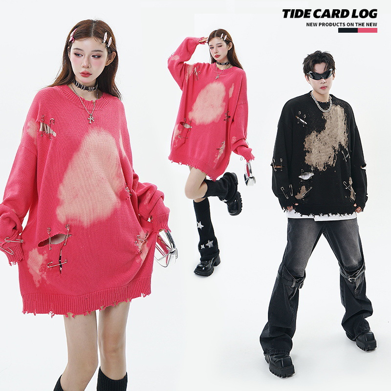 TIDE CARD LOG | Otoño e invierno de la calle de diseño de moda se desvaneció pin ripped pareja cuello redondo suéter Suelto