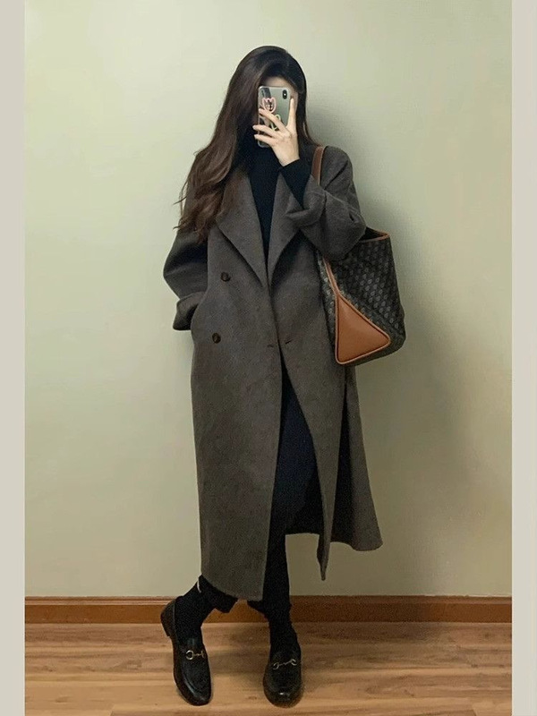 美拉德穿搭感毛呢大衣女秋冬加厚过膝中长款韩系风呢子外套|undefined