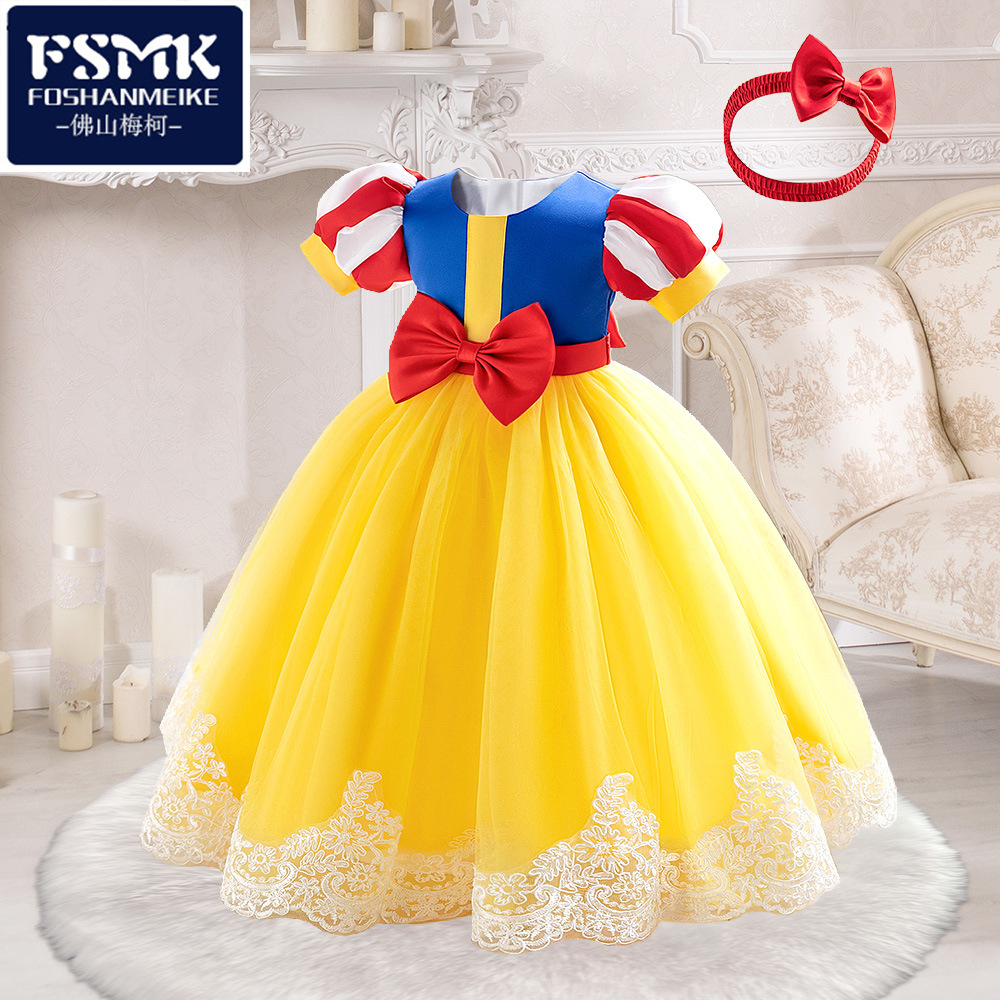 Nuevo vestido de niños transfronterizo rojo, azul y amarillo tricolor burbuja manga forjada fiesta de chicas juegan vestido de Blancanieves