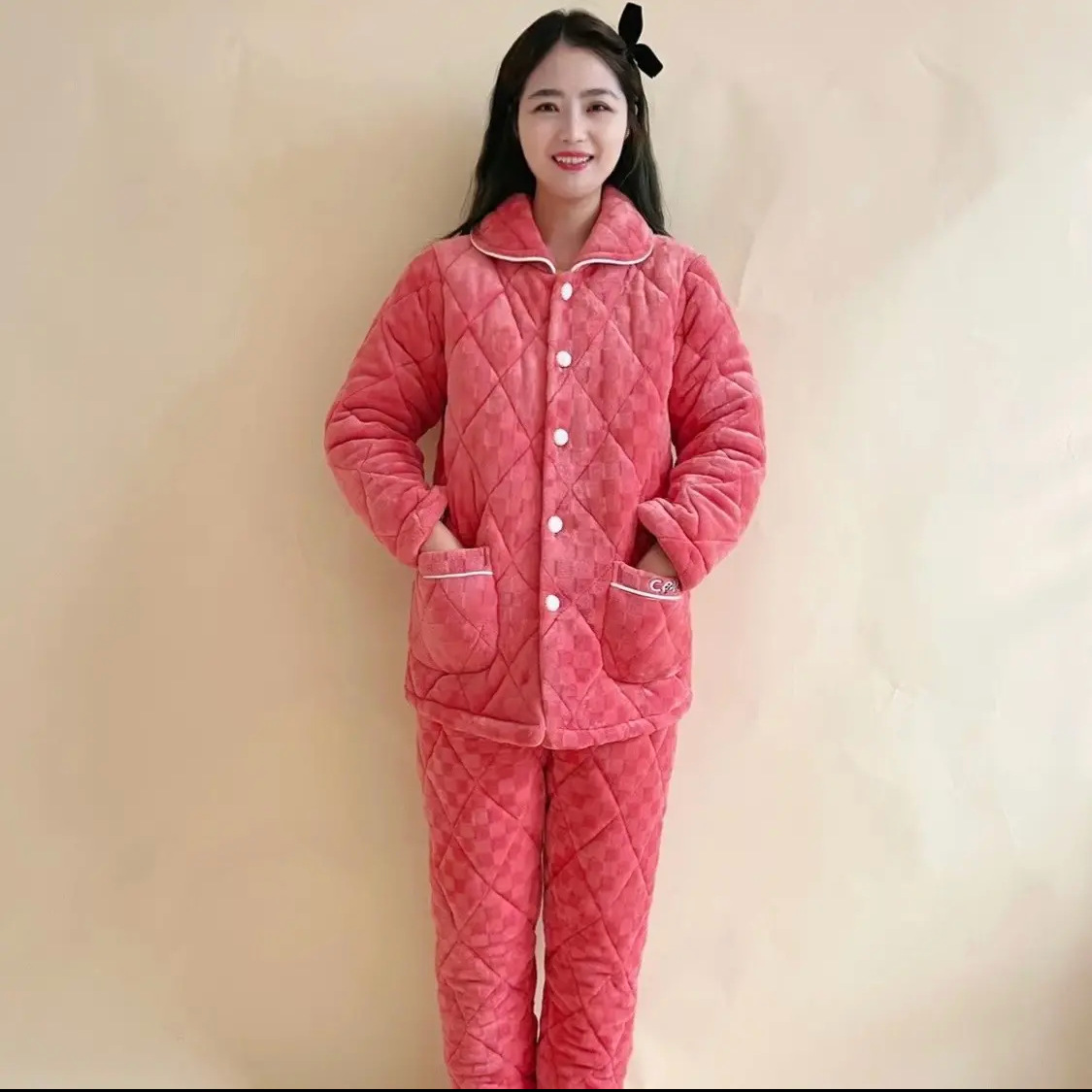 パジャマ女性冬のサンゴのベルベットの三層の厚いベルベット保温綿フランネル春秋冬の家庭服