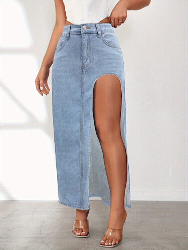 Half body High Split New Washed Solid Color Denim Skirt20