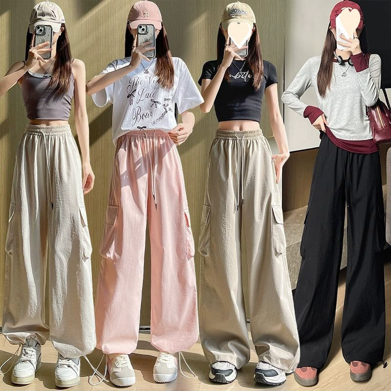 Серые спортивные брюки-карго в американском стиле для женщин, новые свободные повседневные брюки для бега весной и осенью, женские спортивные штаны-шаровары.