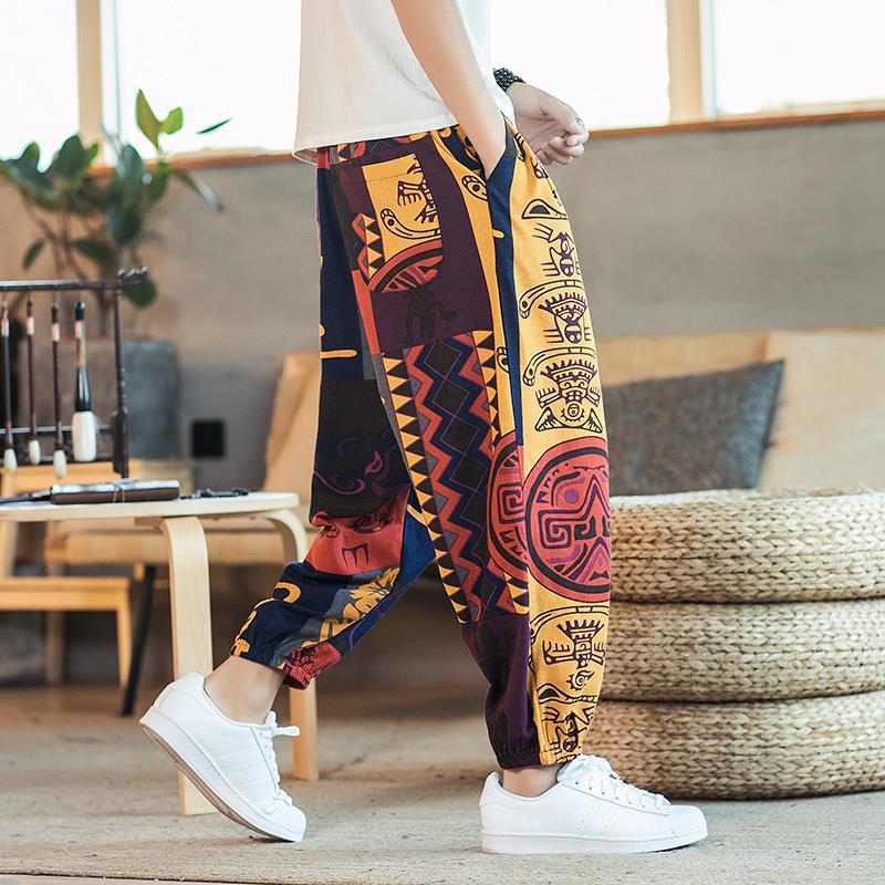 Verano estilo chino jaulas para hombres pantalones harem sueltos pantalones anchos estampados de algodón y lino de gran tamaño pantalones recortados hombres