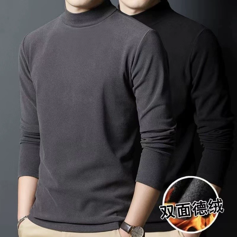 Осенне-зимняя новая мужская нижняя бархатная рубашка с начесом и средним воротником, приталенный теплый топ с длинным рукавом с внутренней стороны, удобный