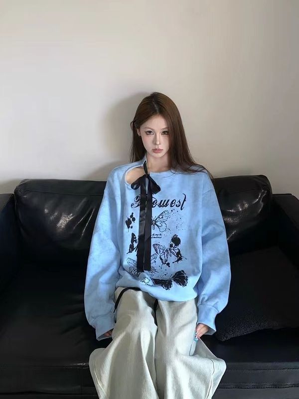 秋季新款甜酷露肩蝴蝶结设计感套头卫衣女长袖上衣|undefined