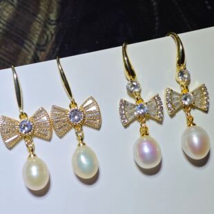 18k high color retention zircon bow ear hook natural freshwater real pearl butterfly ear hook anti-allergy not easy to fade