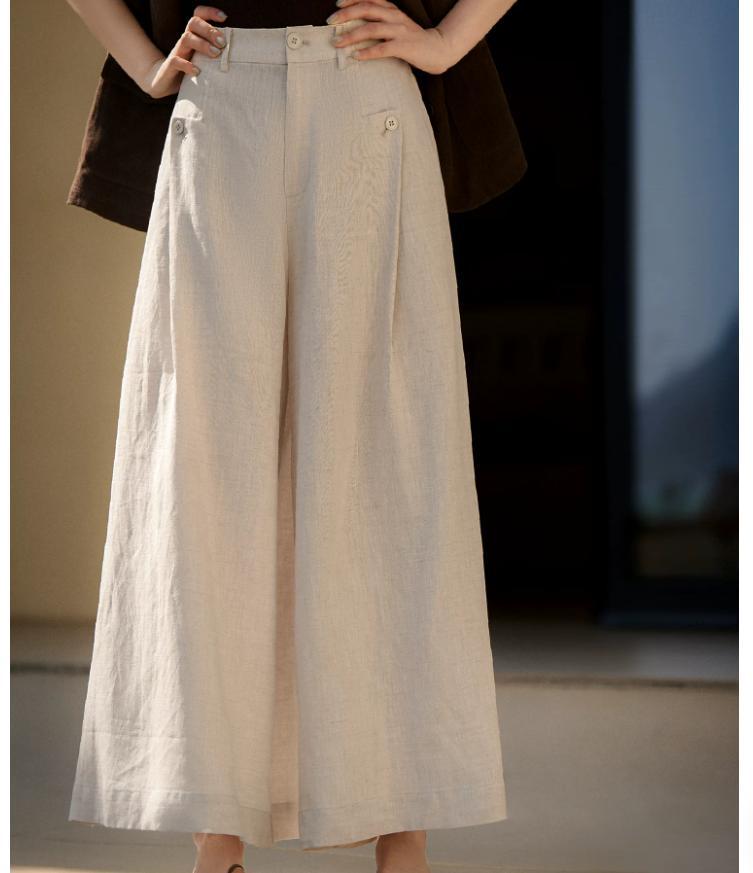 Quần culottes nữ ống rộng chất liệu linen mát mẻ mùa hè — Xanh lông mòng đen, màu trắng, màu mơ chi tiết 3