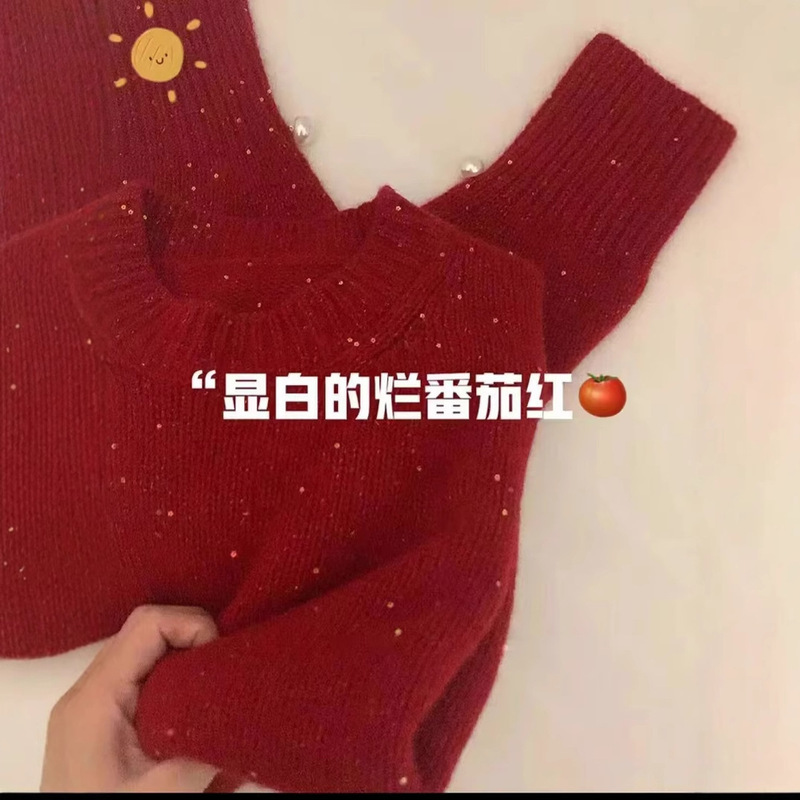This year's popular sequin red sweater autumn and winter women's starry sky yarn New Year atmosphere wear raccoon velvet sweater