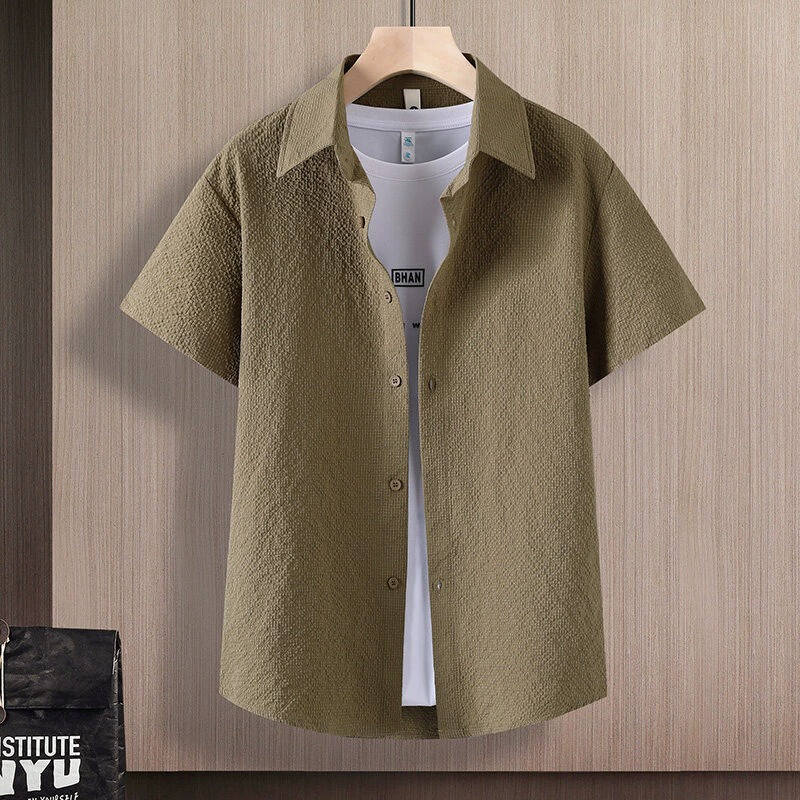 Текстурированная однотонная мужская рубашка с короткими рукавами, летняя мужская рубашка из тонкого ледяного шелка, модная мужская рубашка с половиной рукавов в корейском стиле