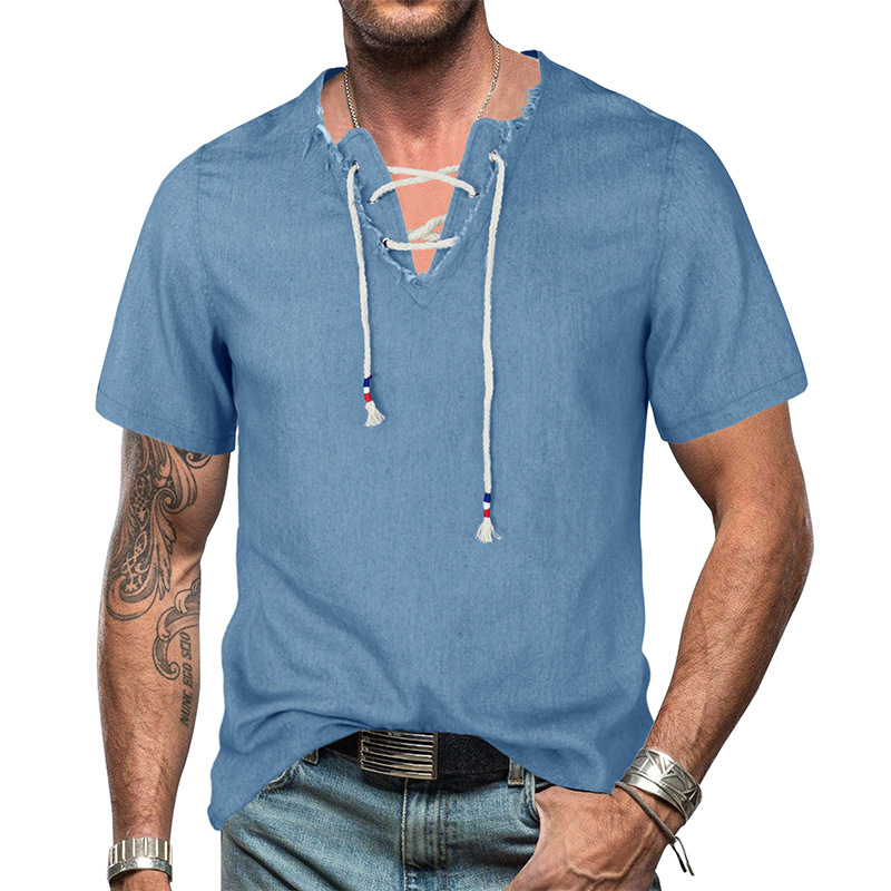 2023 new European and American men's Denim shirt cross-border Men's V-neck lace-up tassel Denim Henley T-shirt top