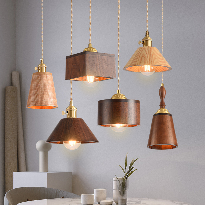 Lámpara de cabecera del dormitorio lujoso nuevo retro creativo bronce color nuez bar de madera maciza comedor de línea larga pequeña lámpara de cama